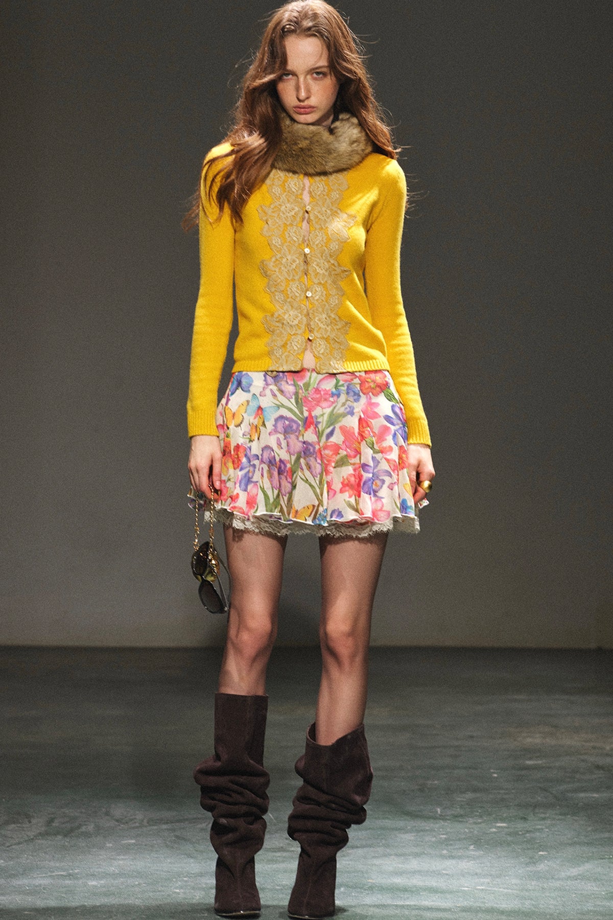 Lace Trim Wool Knit Cardigan and Chiffon Skirt