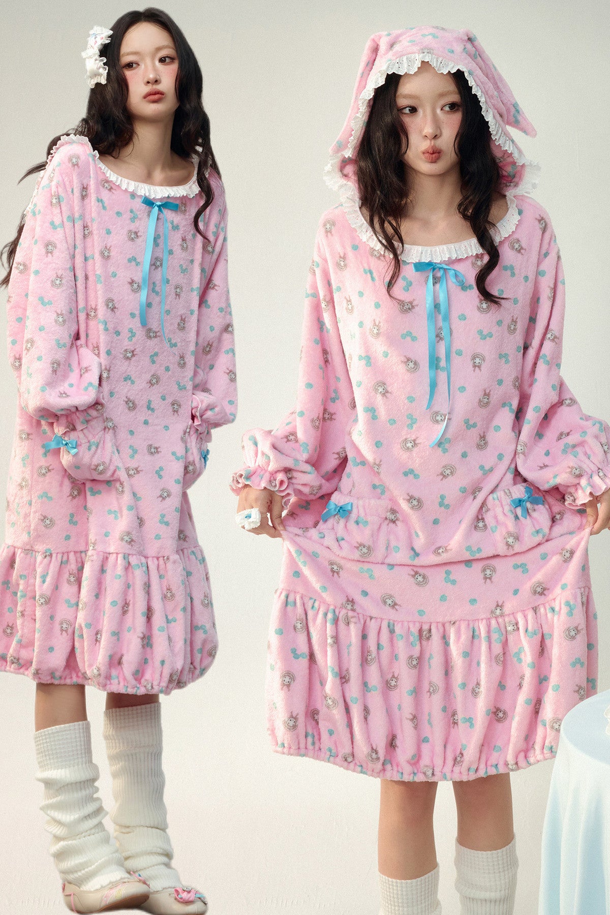 Pink Floral Flannel Ruffled Hooded Robe
