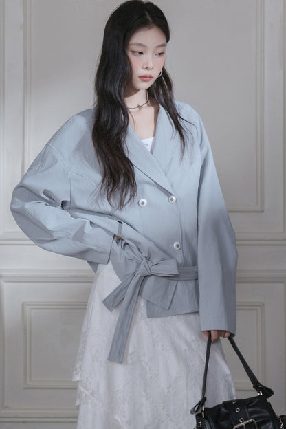 Cuban Gray-Blue Shawl Collar Belted Blazer