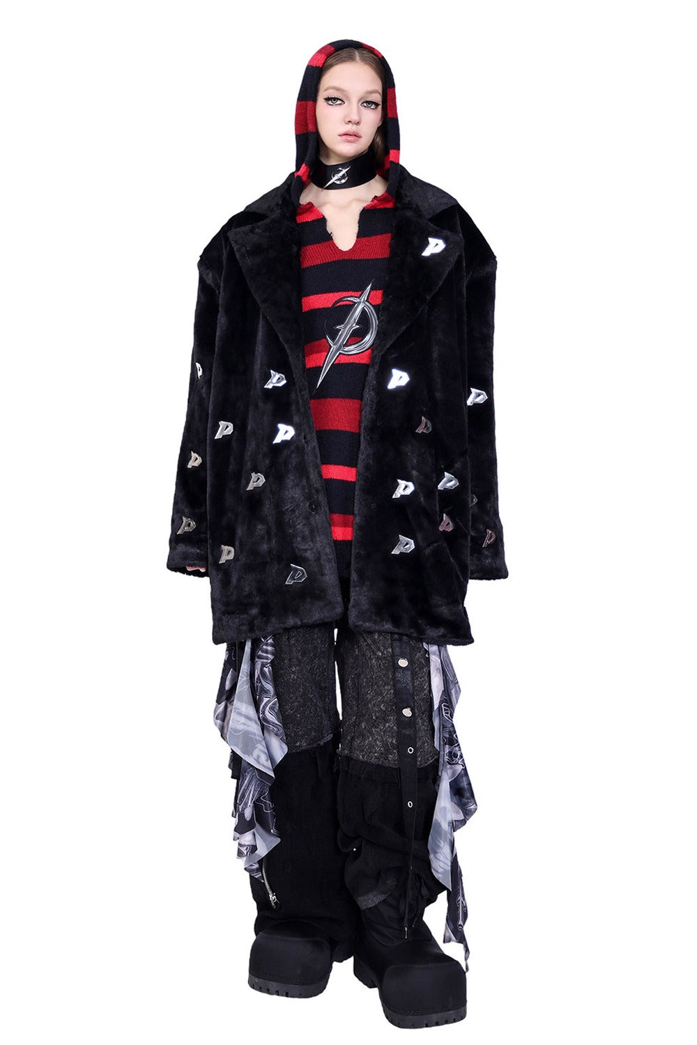 Letter Quilted Shoulder Pads Genderless Black Fur Jacket