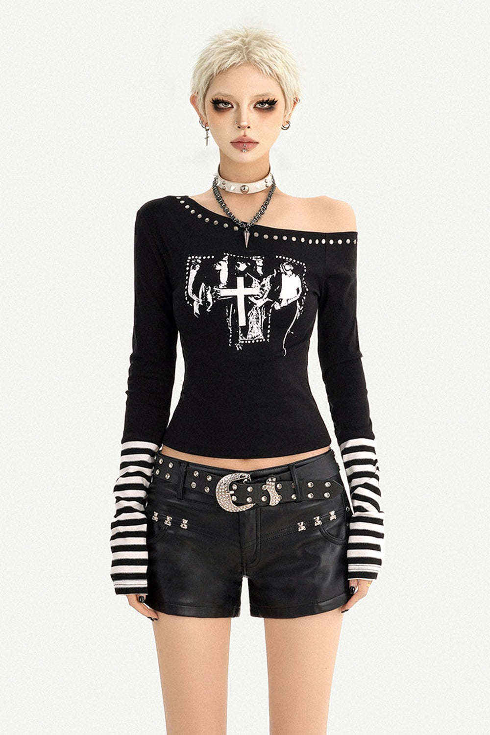 Off-Shoulder Letter Print Long Sleeve T-shirt