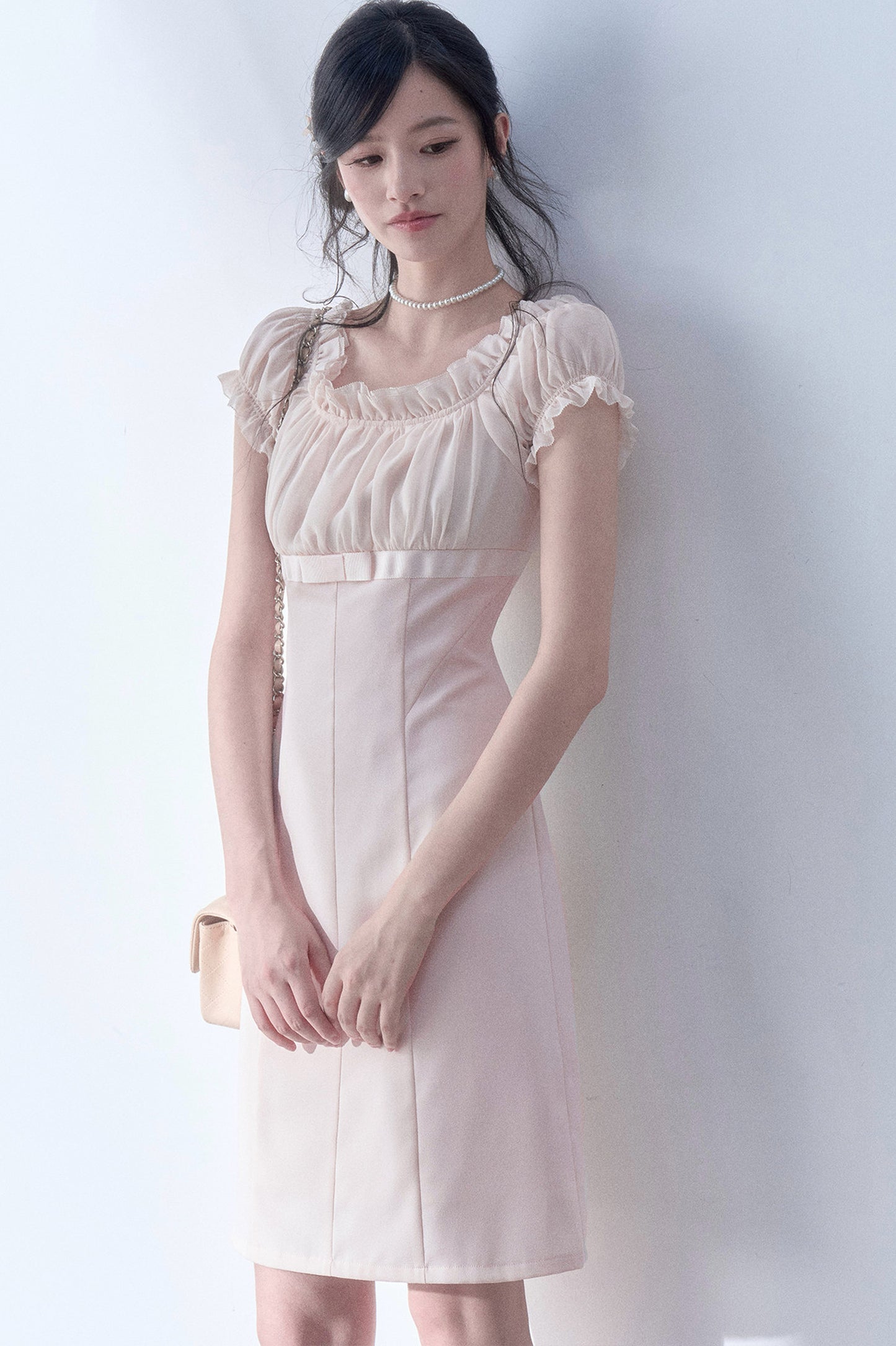 Square Neck High-Waisted Bodycon Chiffon Dress