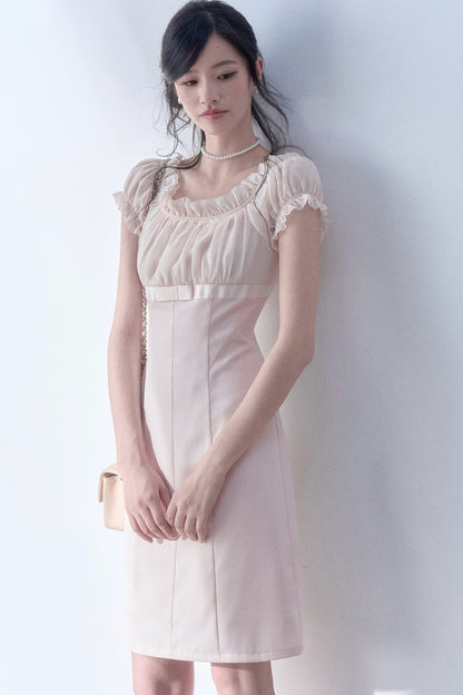 Square Neck High-Waisted Bodycon Chiffon Dress