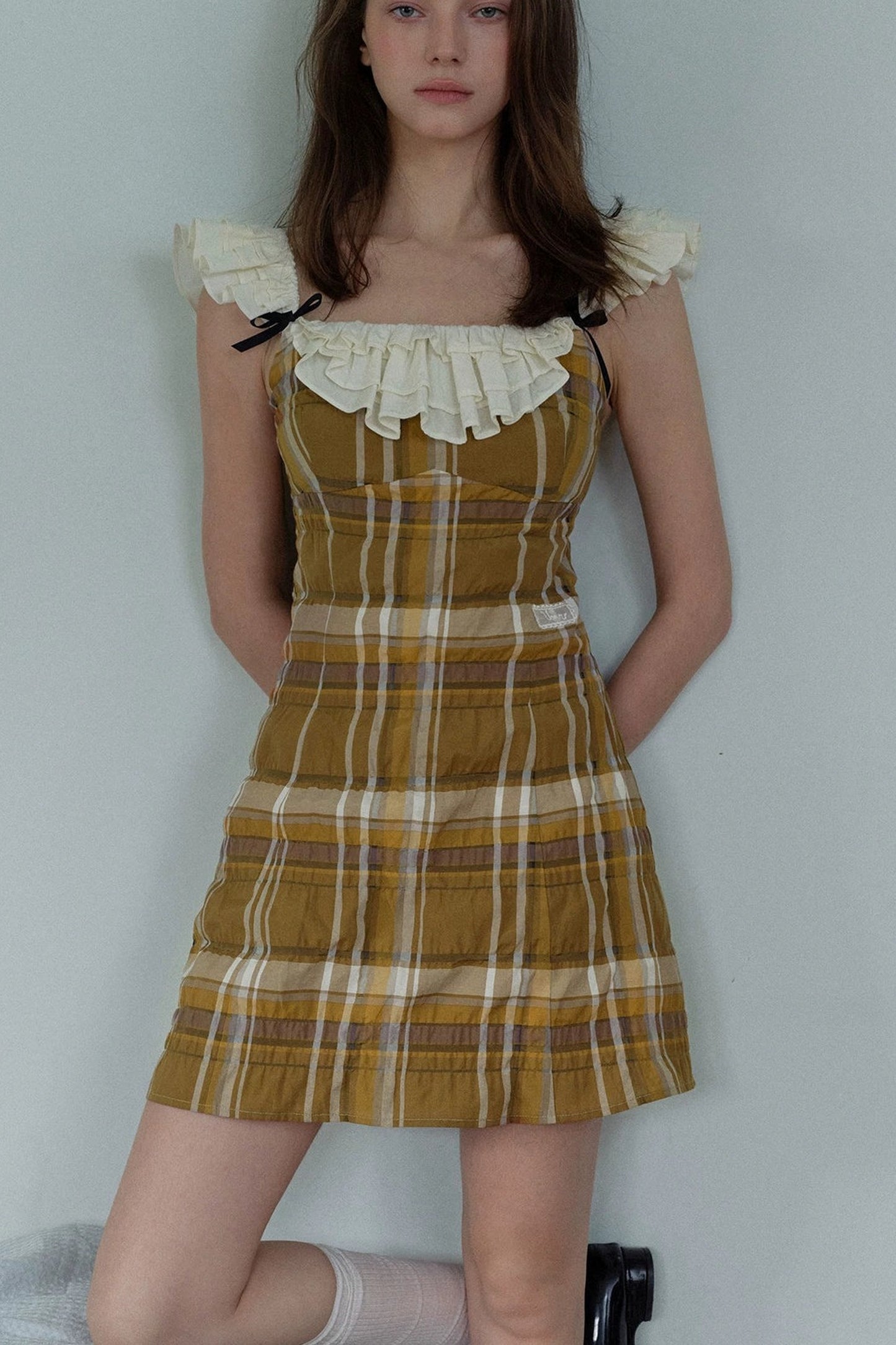 Brown Plaid Ruffle Camisole Dress
