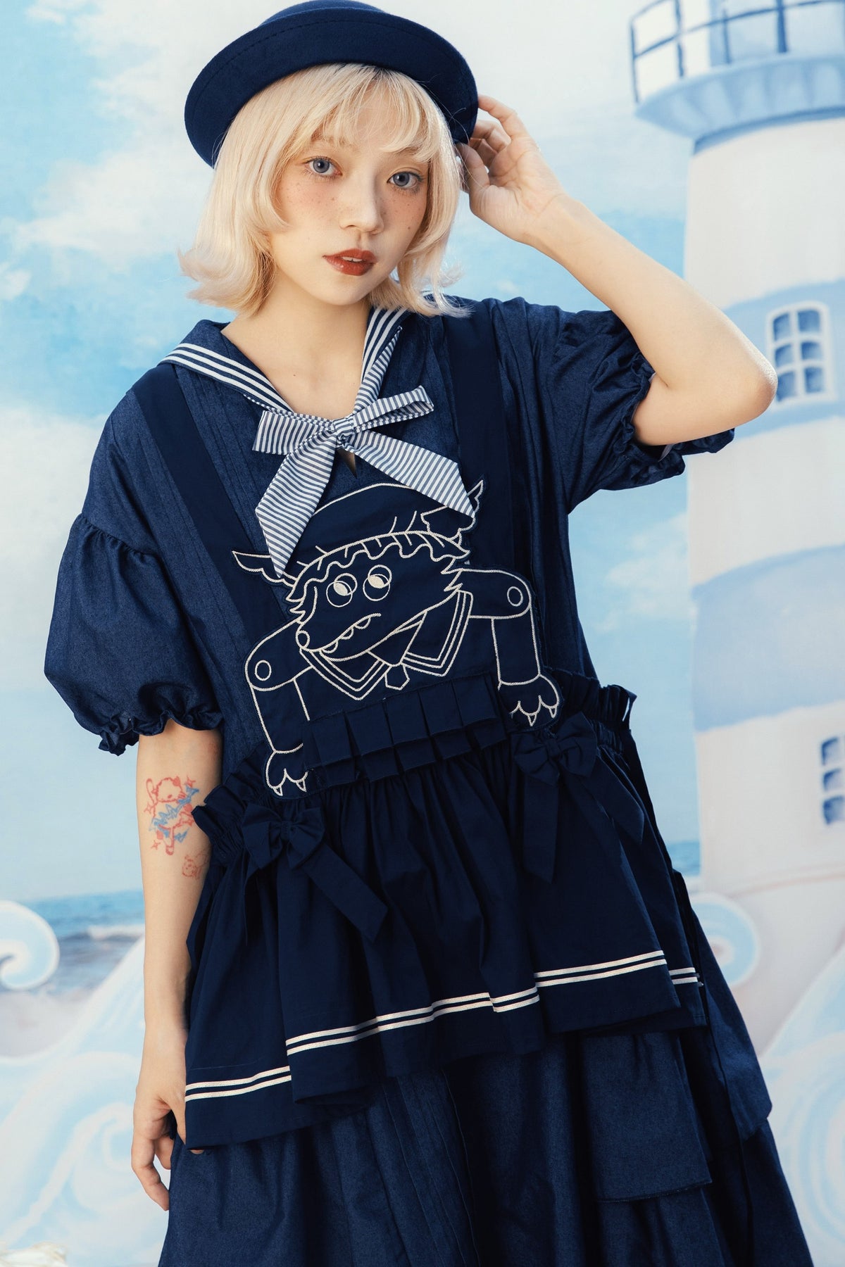 Layered-Look Wolf Embroidery Plaid Apron Dress