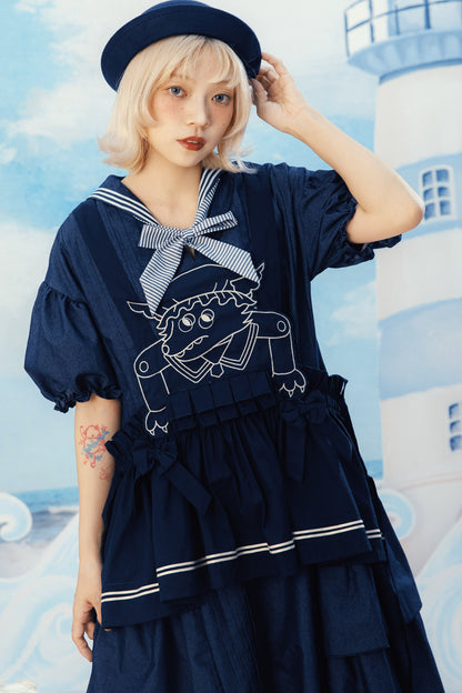 Layered-Look Wolf Embroidery Plaid Apron Dress