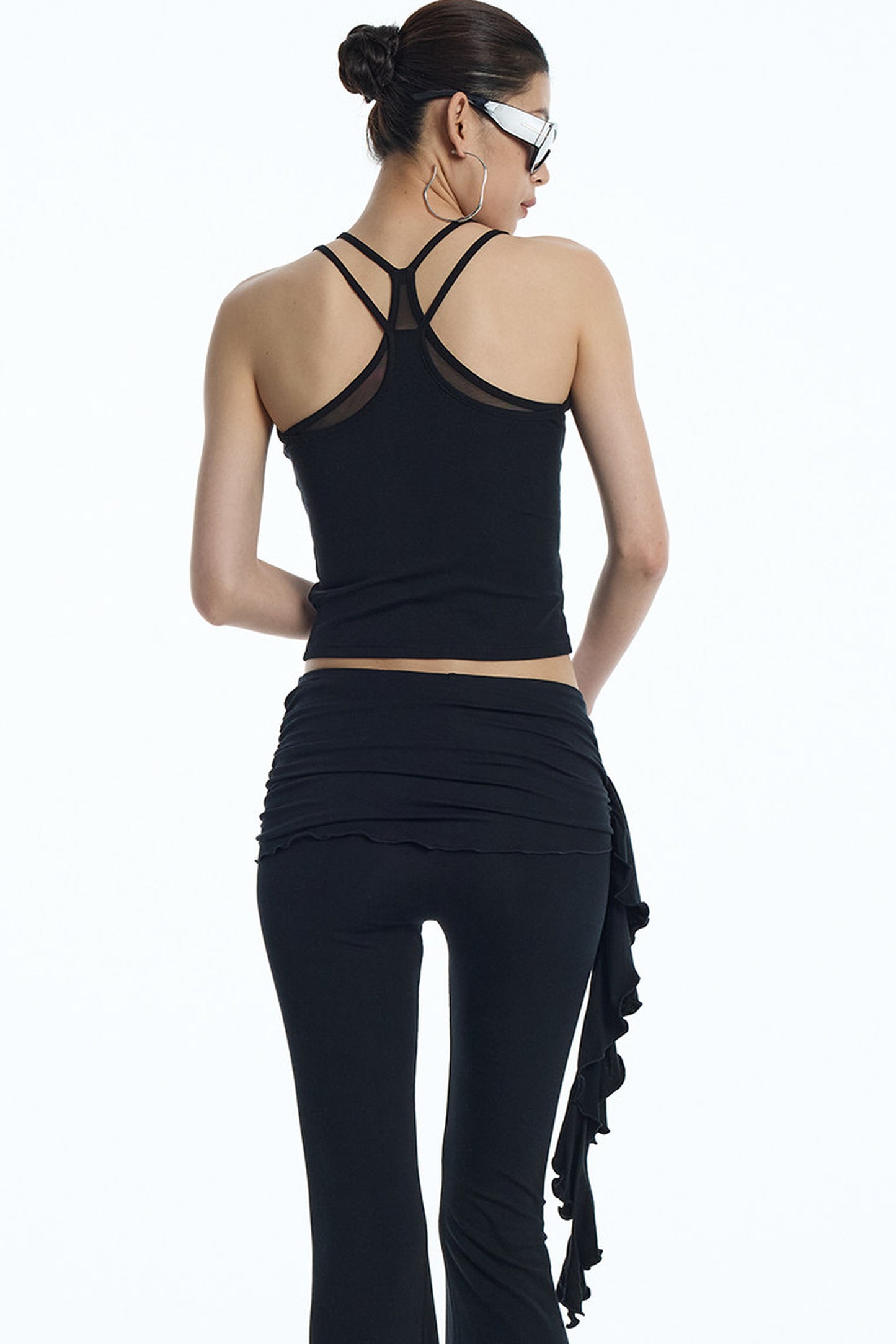 Black Knit Ruffle Tank and Flared Pants Set-Up