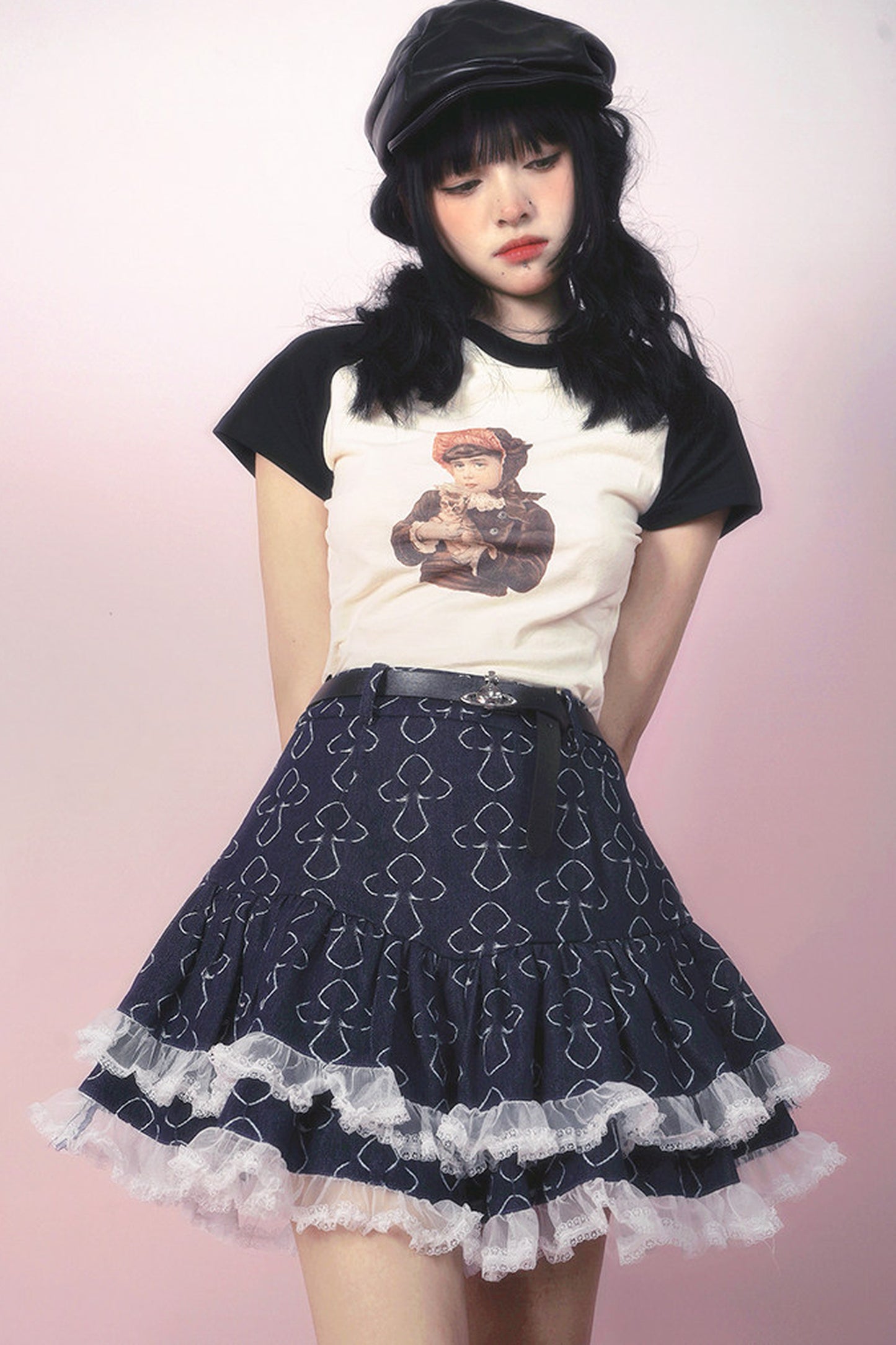 Bear Doll Print Patchwork T-shirt