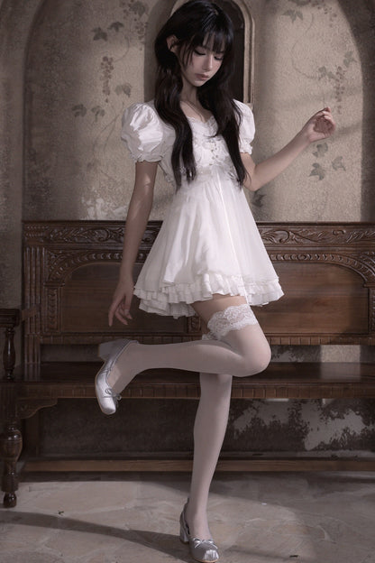 White Ultra-Short Drawstring Puff Sleeve Top