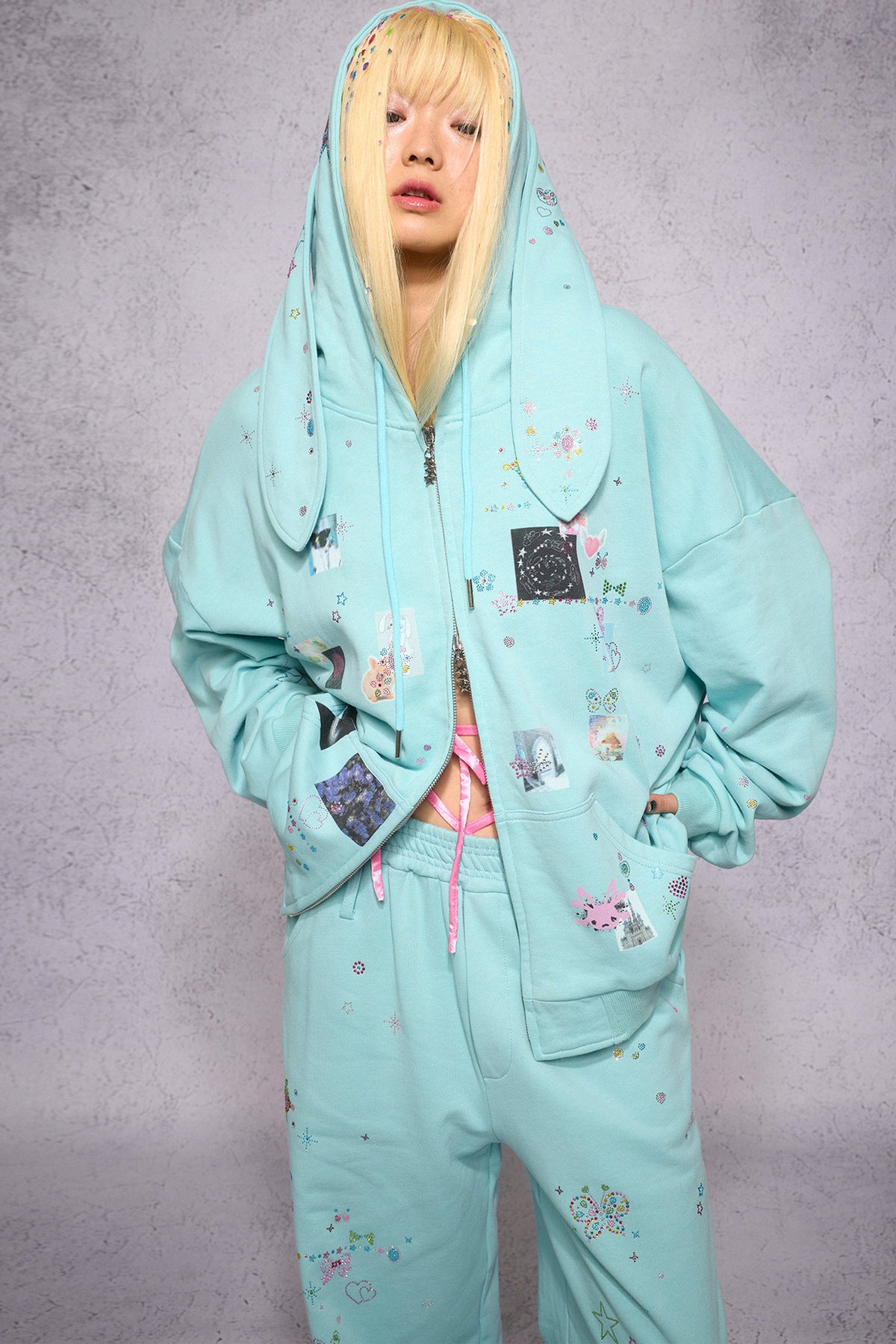 Bunny Ear Rhinestone Sticker Sweat Jacket