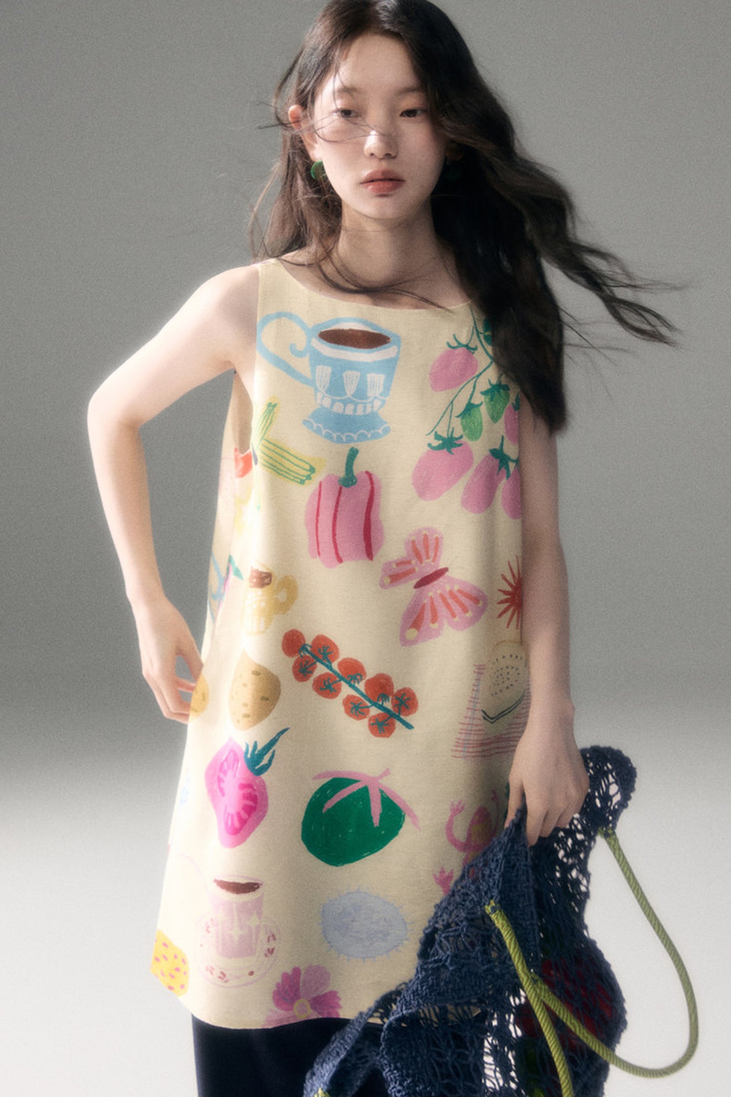 Hand-Painted Fruit Vegetable Print Sleeveless Vest Dress