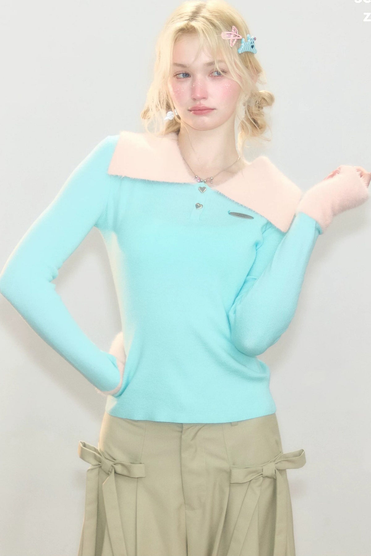 Contrasting Color Polo Collar Knit Top