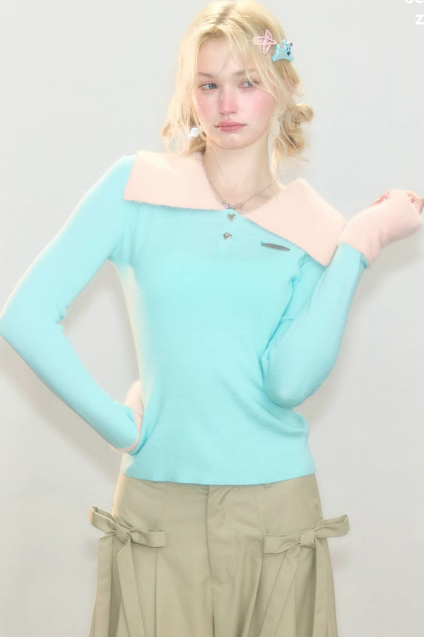 Contrasting Color Polo Collar Knit Top