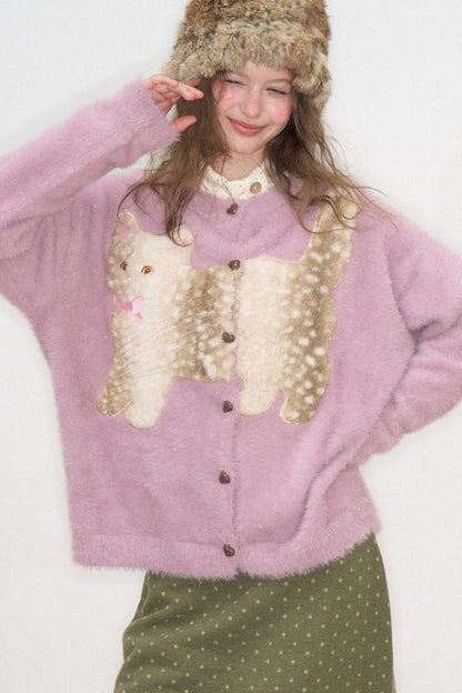 Purple Cat Patch Embroidery Cardigan