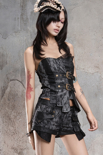 Punk Distressed Low-Waist Shorts Set-Up
