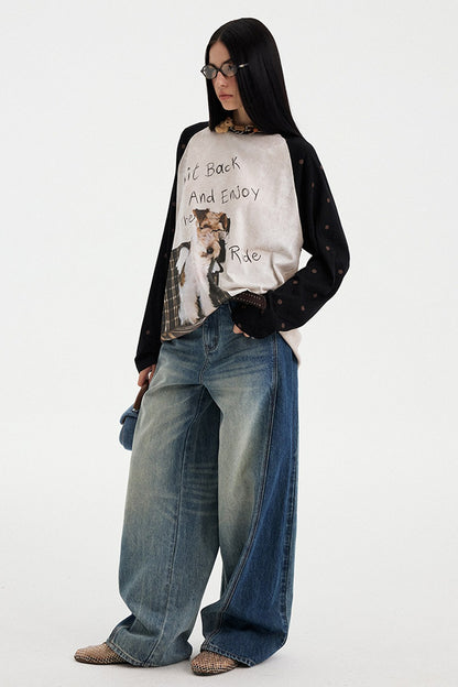 Puppy Print Colorblock Raglan Long Sleeve T-Shirt
