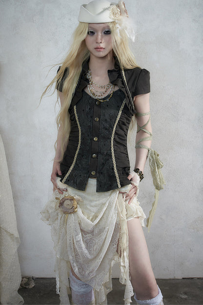 Lace Patchwork Ruched Layered-Look Shirt