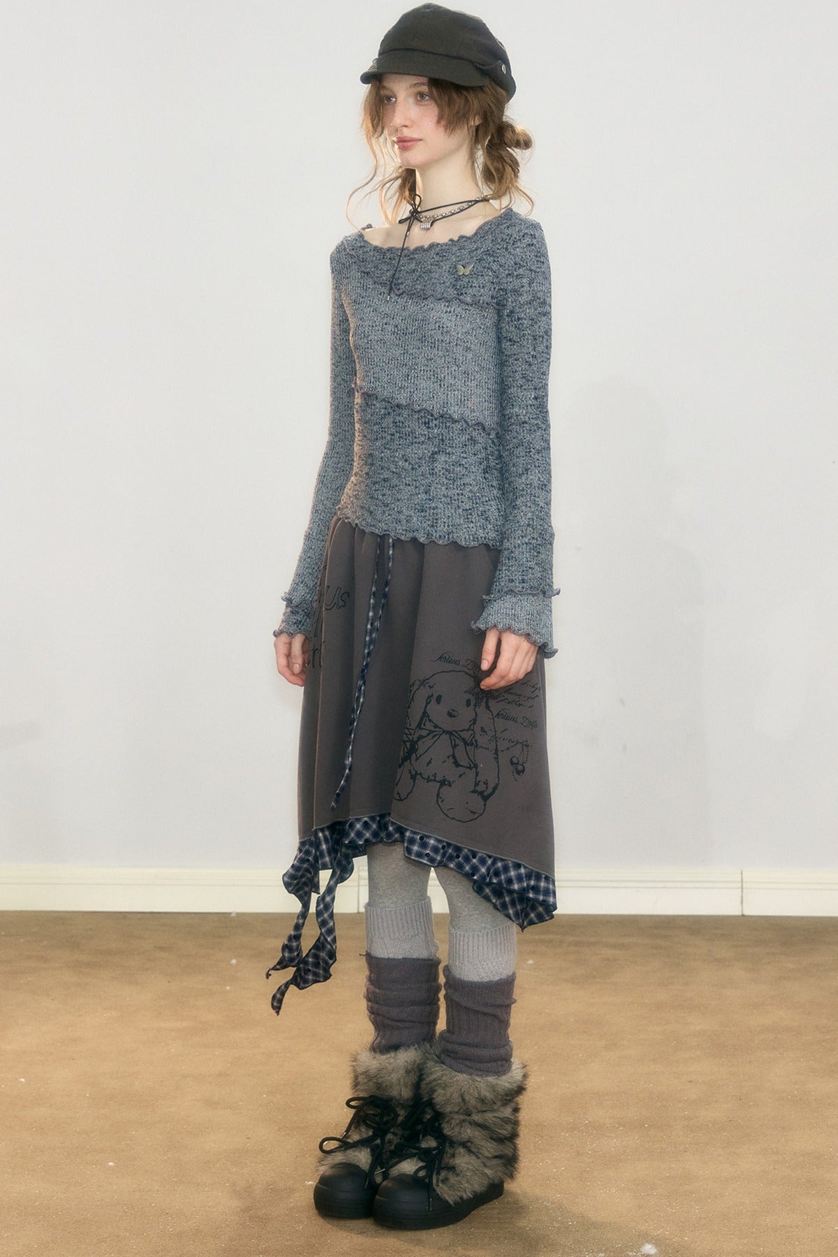 Plaid Graffiti Rabbit Irregular Hem Skirt