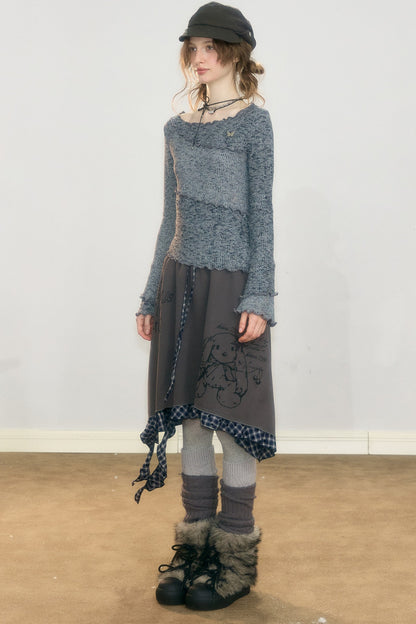 Plaid Graffiti Rabbit Irregular Hem Skirt