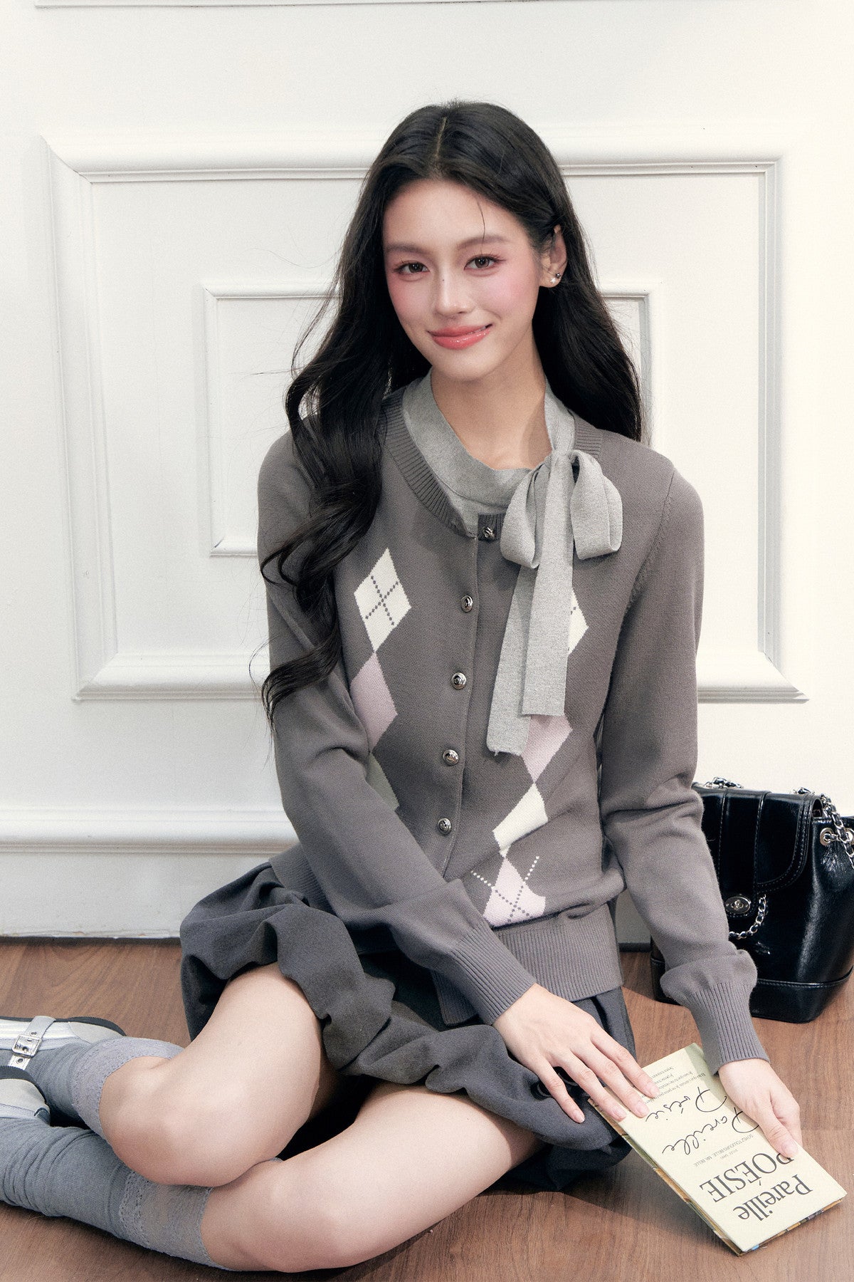 Gray Argyle Bow Tie Sweater and Skirt Set-Up