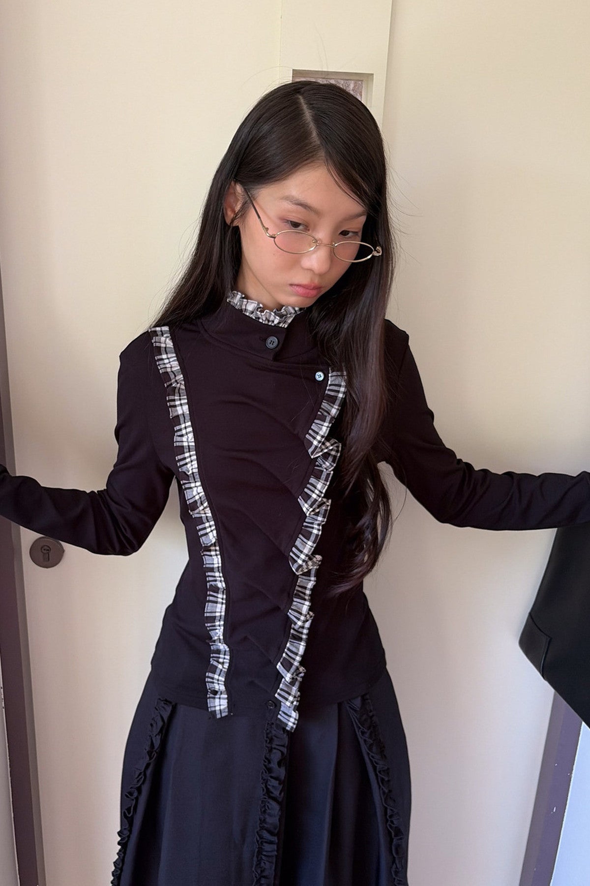 Plaid Ruffle Mock Collar Shirt