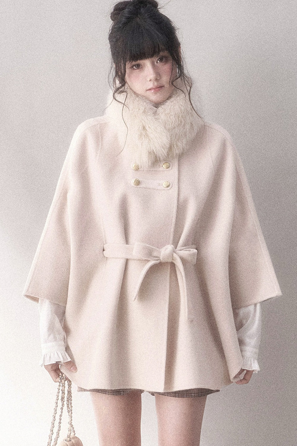 Double-Sided Wool Metal Button Cape Coat Set