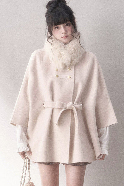 Double-Sided Wool Metal Button Cape Coat Set