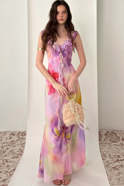 Maxikleid mit V-Ausschnitt, Rüschen und Blumenmuster