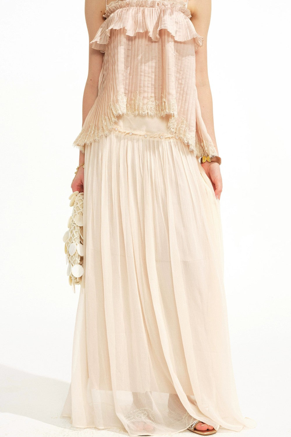 Retro Pleated Lace Pearl Skirt Set-Up