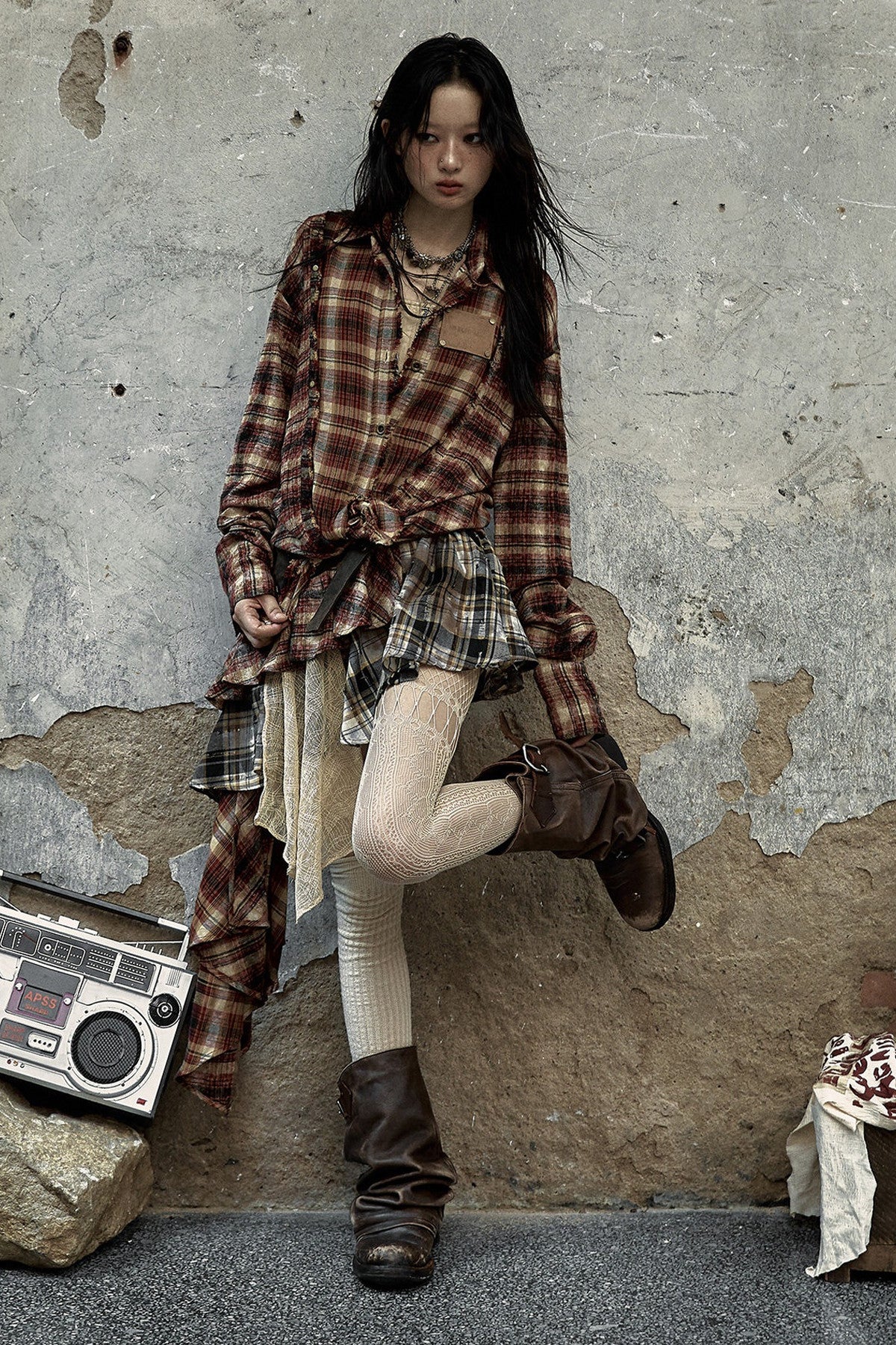 Patchwork Plaid Asymmetrical Skirt