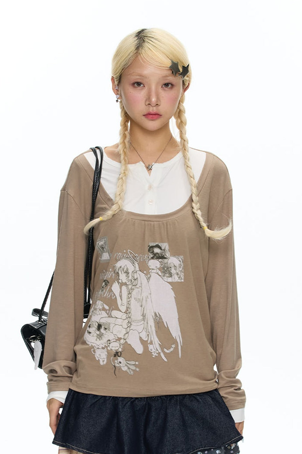 Brown Layered-Look Long Sleeve T-Shirt