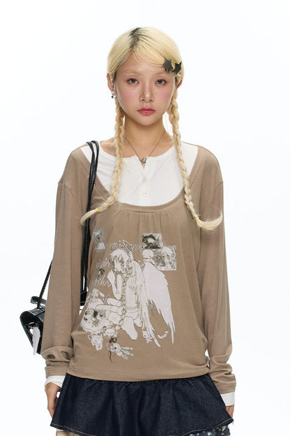 Brown Layered-Look Long Sleeve T-Shirt