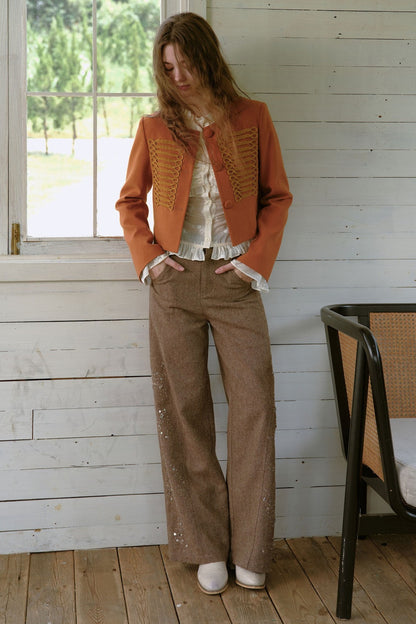 High-Waisted Loose Beaded Patchwork Wool Tweed Pants