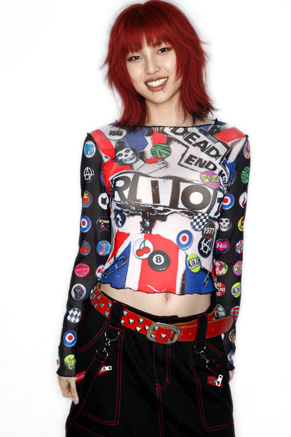 Y2K Graphic Long Sleeve Mesh Top