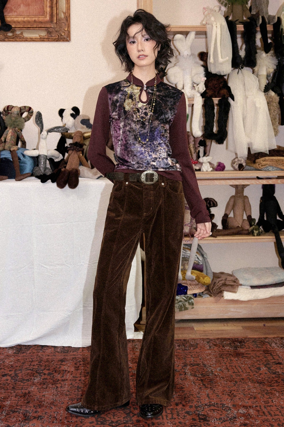 Mandarin Collar Velvet Long-Sleeve T-Shirt