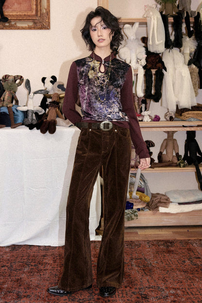 Mandarin Collar Velvet Long-Sleeve T-Shirt
