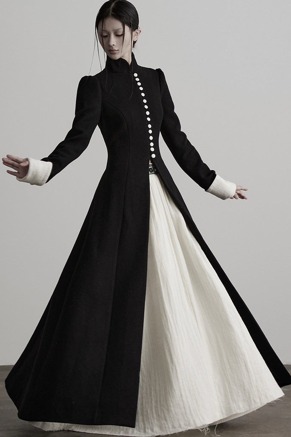 100% Wool Stand Collar Tie-Back Long Coat