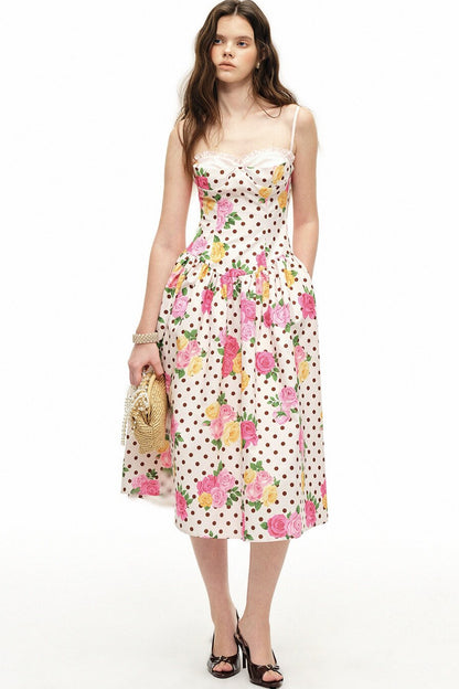 Polka Dot Rose Print Bra Dress Set-Up