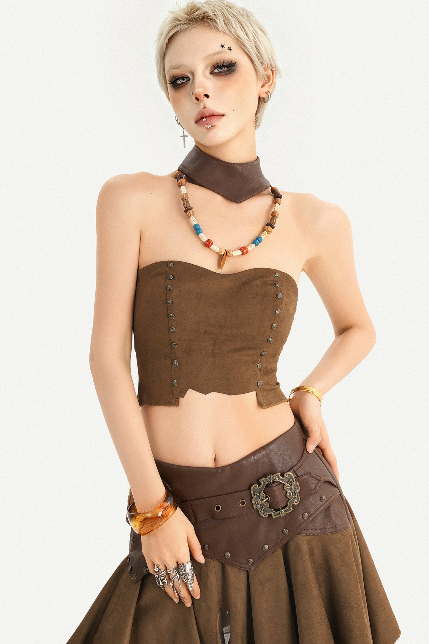 Patchwork Faux Suede Skirt and Top Set-Up