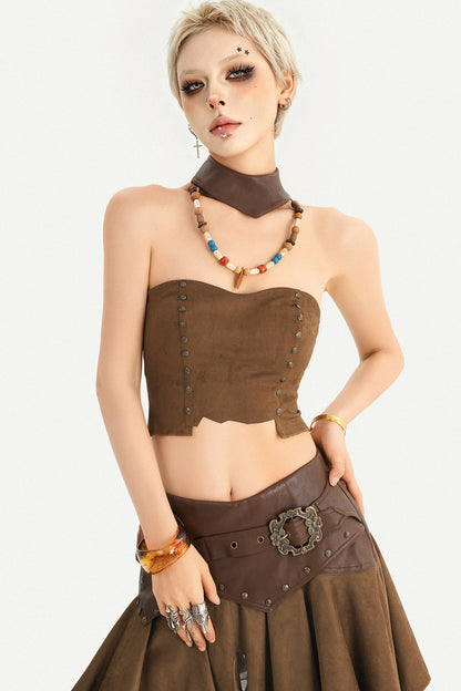 Patchwork Faux Suede Skirt and Top Set-Up