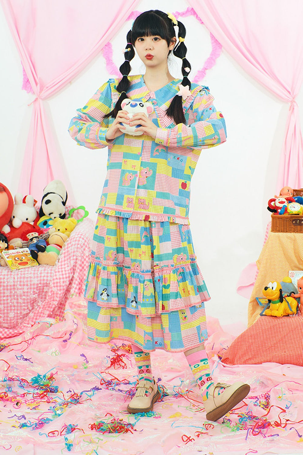 Patchwork Print Doll Collar Shirt