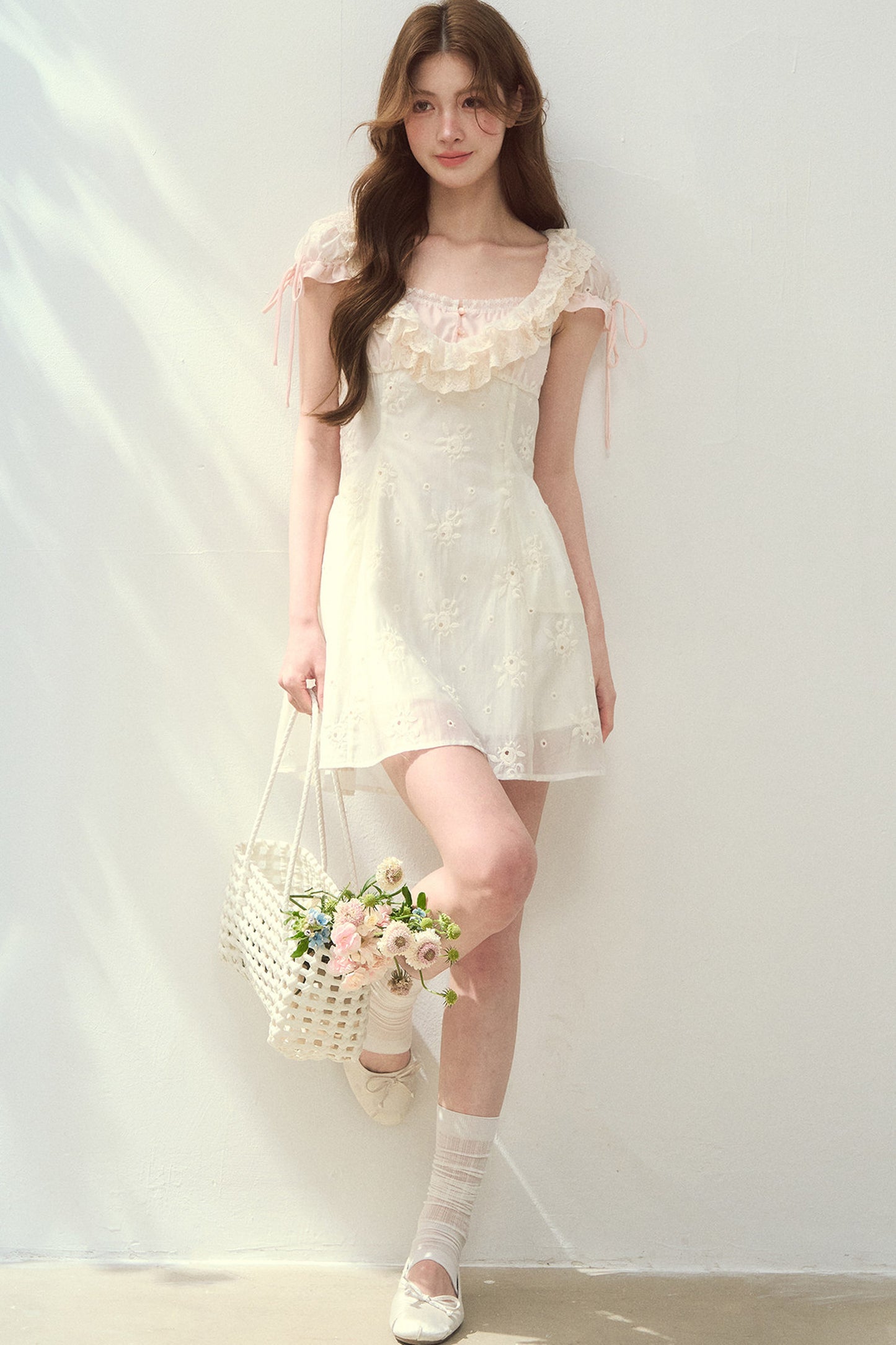 Rose Embroidered Square Neck Long Dress