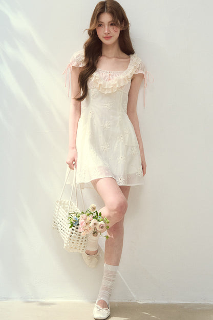 Rose Embroidered Square Neck Long Dress