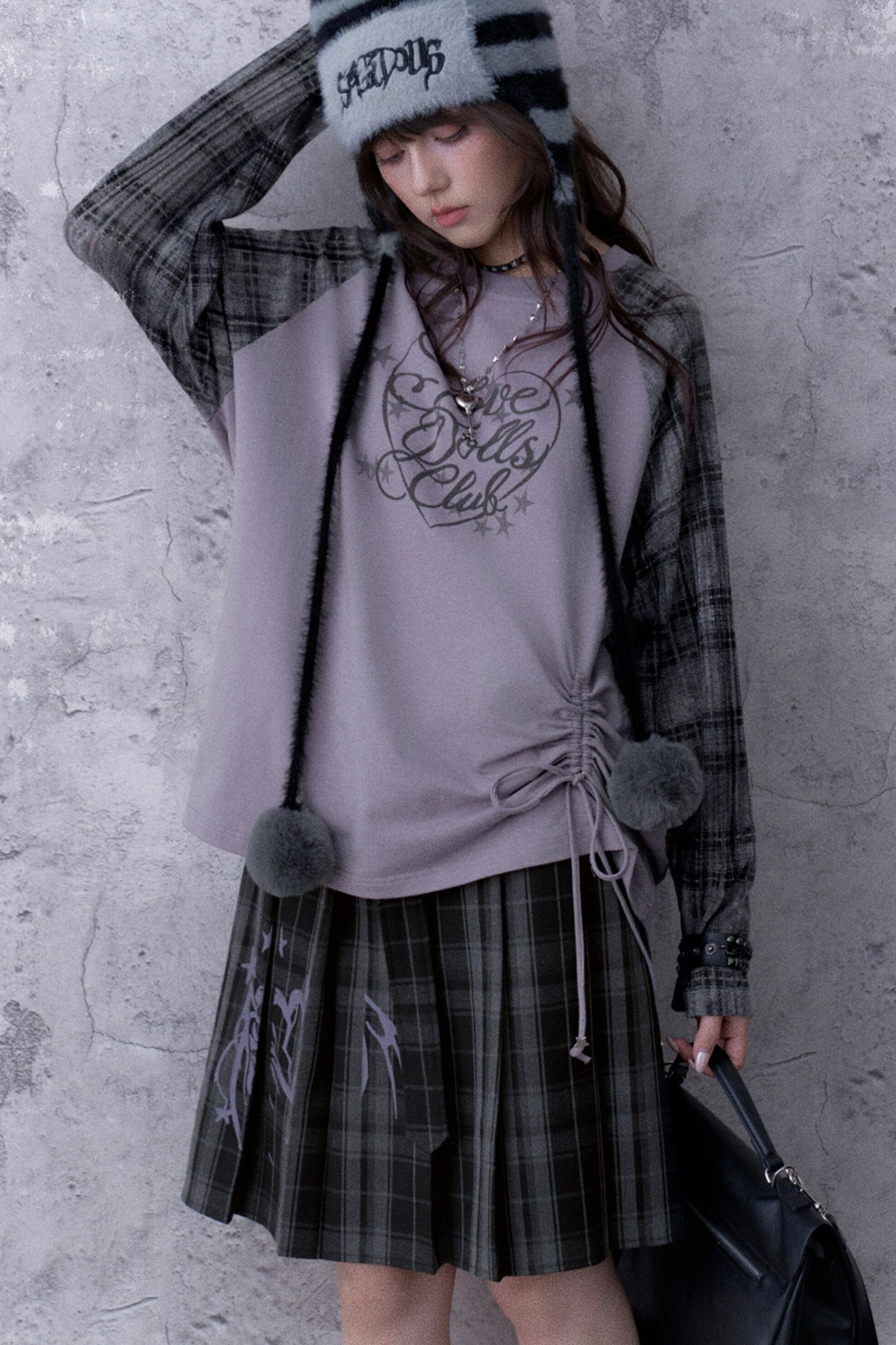 Gray-Purple Printed Raglan Drawstring T-Shirt and Skirt Set-Up