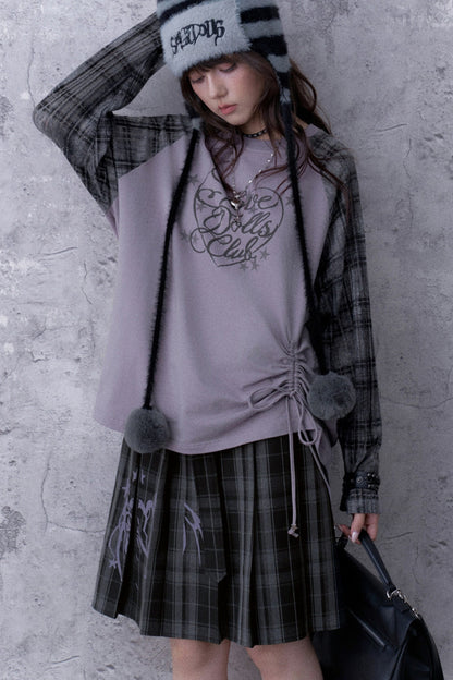 Gray-Purple Printed Raglan Drawstring T-Shirt and Skirt Set-Up