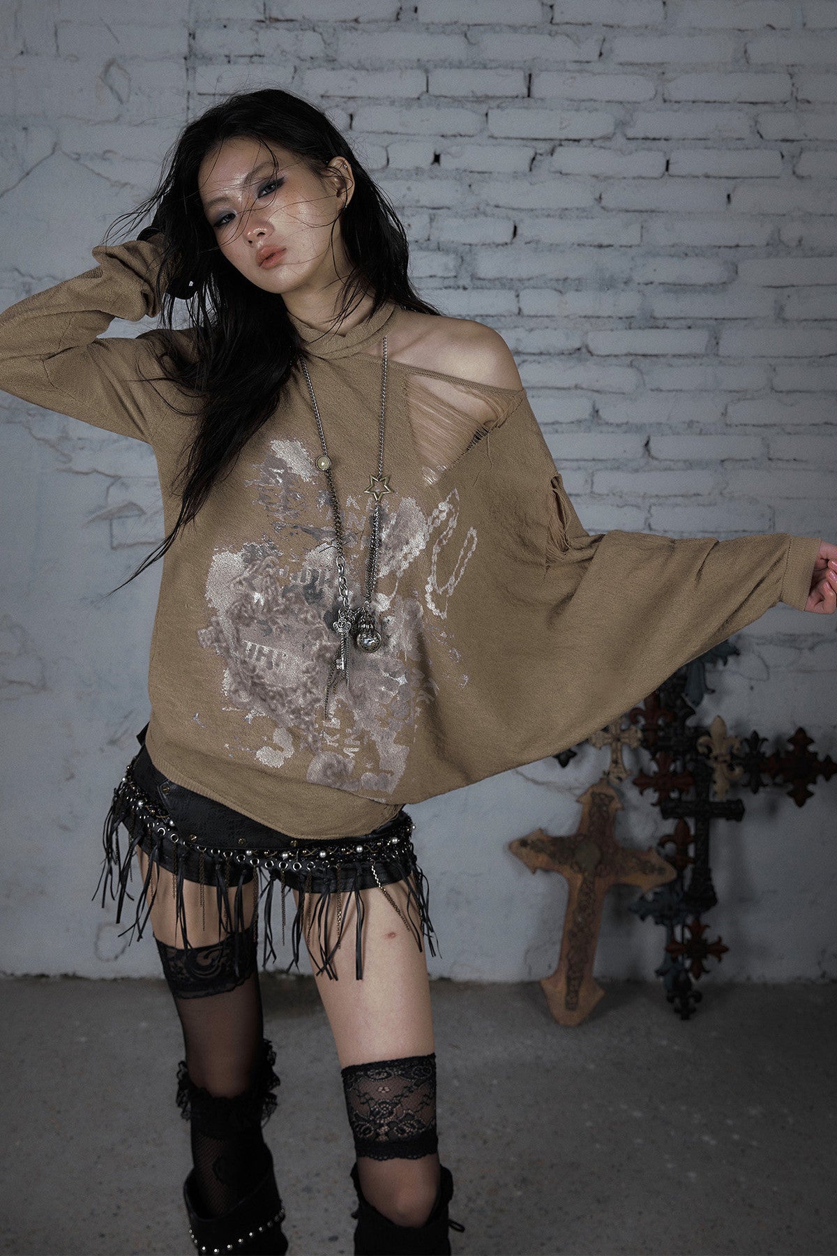 Ripped Off-Shoulder Punk Print Knit Top