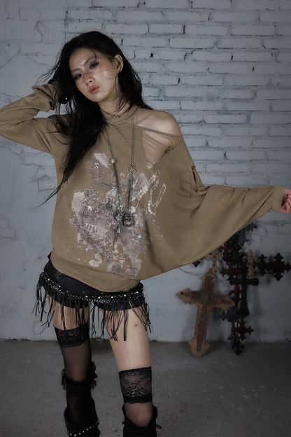Ripped Off-Shoulder Punk Print Knit Top