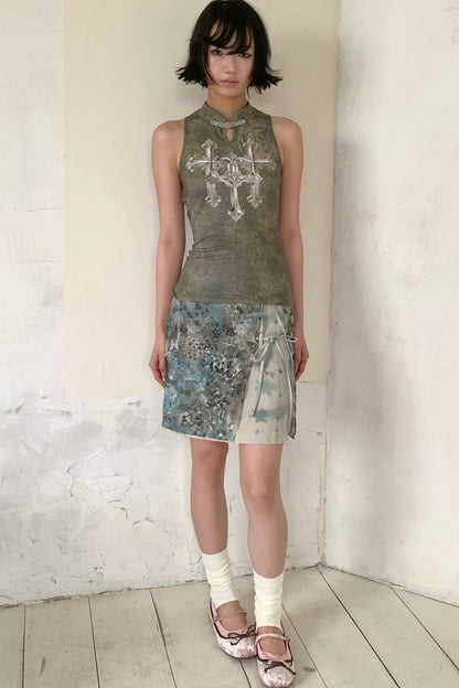 Midi-Rock aus Spitze mit Blumen- und Leopardenmuster