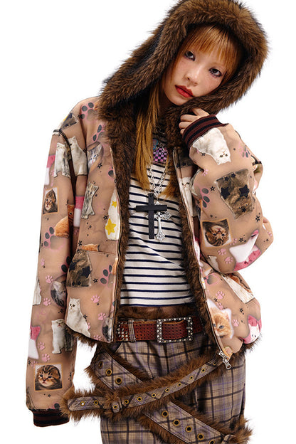 Cat Print Reversible Fur Coat
