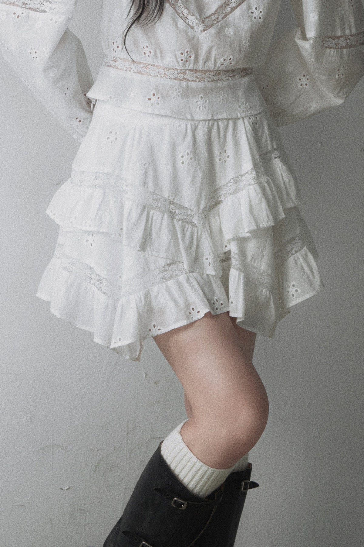 Pure Cotton Cut Out Shirt and Multi-Layered Asymmetrical Ruffle Skirt